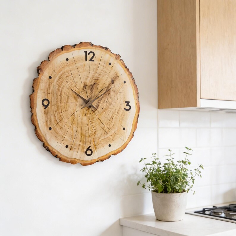 May include: A round wooden clock made from a cross-section of a tree trunk. The clock face features black numerals at the 12, 3, 6, and 9 o'clock positions, with dots marking the other hours. The clock hands are dark brown. The clock is mounted on a white wall.