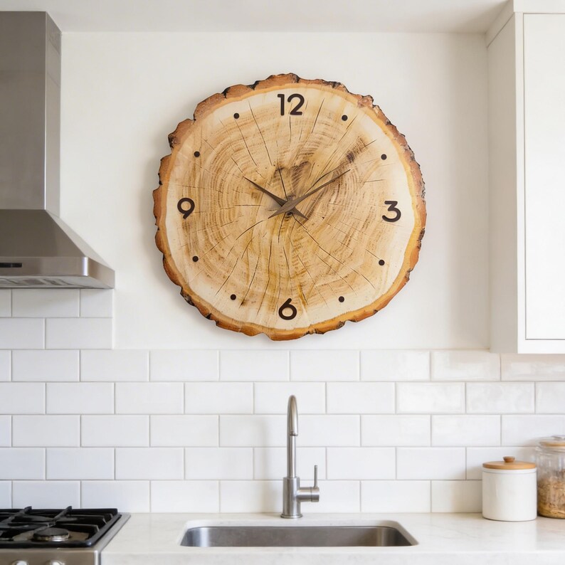 May include: A large, round wall clock made from a cross-section of a tree trunk. The clock face features the natural wood grain, with black numerals at 12, 3, 6, and 9 o'clock, and black dots for the other hours. The clock hands are dark brown.
