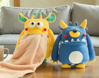 Crochet Monster Pillow Blanket Kit for Kids | Beginner DIY Crochet Kit with Flannel Blanket Materials