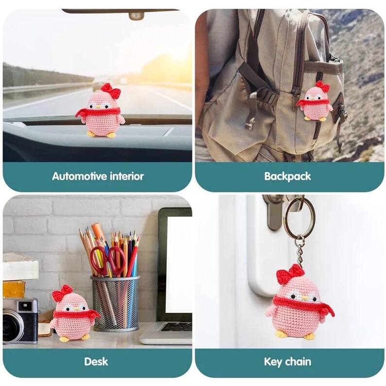 May include: A crocheted pink penguin with a red bow and scarf is shown in various settings: a car interior, a backpack, a desk, and a keychain. The image is divided into four sections, each showcasing the penguin in a different context.
