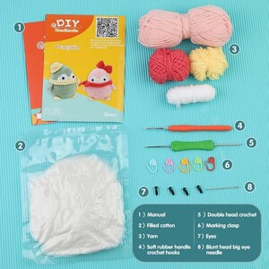 May include: A DIY penguin handicraft kit with a manual, yarn in pink, red, and yellow, filled cotton, crochet hooks, marking clasps, eyes, and a blunt head big eye needle. The kit includes a double head crochet.