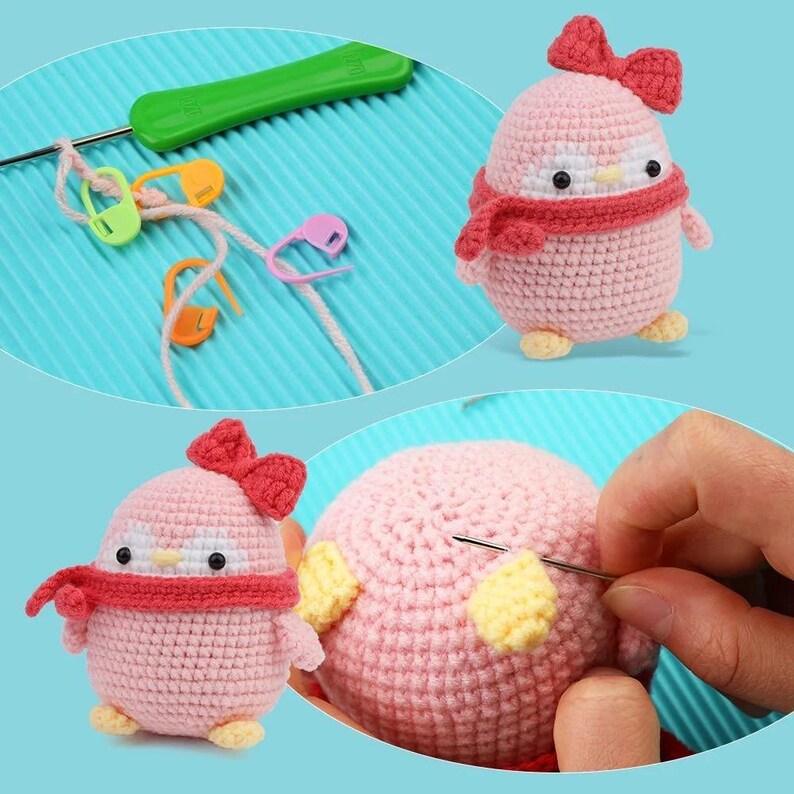 May include: A close-up of a crochet project featuring a pink penguin with a red bow and scarf. The image also shows a green crochet hook, stitch markers, and a hand sewing a yellow patch onto a pink penguin.