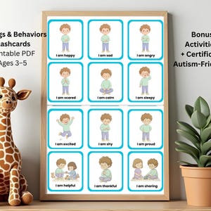 Könnte beinhalten: Ein gerahmtes Lernposter mit Karteikarten, die Gefühle und Verhaltensweisen für Kinder im Alter von 3-5 Jahren veranschaulichen. Die Karten zeigen Illustrationen von Kindern, die Emotionen wie glücklich, traurig und wütend ausdrücken. Das Poster enthält den Text "Feelings & Behaviors Flashcards".