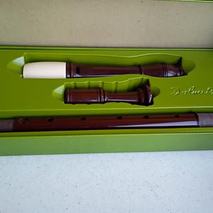May include: A disassembled dark brown and cream-colored recorder instrument with three separate pieces resting in a molded green storage case. The brand name Dolmetsch is embossed in cursive script on the interior of the green plastic tray.