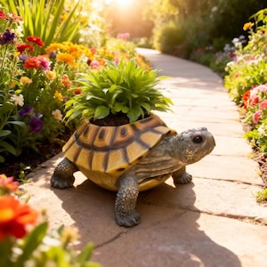 May include: A decorative turtle planter, made of resin, with a yellow and brown shell, containing a green plant. The planter is on a stone path, with colourful flowers and greenery in the background. The sun is shining.