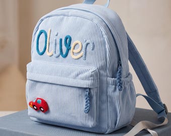 Personalized Corduroy Toddler Backpack, Yarn Name Car Patch Bag, Preschool Travel and Daycare Gift