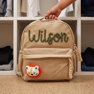 Mochila infantil de pana personalizada, mochila con parche de tigre, regalo personalizado para preescolar