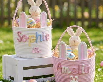Roze paasmandje gepersonaliseerd, boho cadeau meisje, aangepast touwtasje, pastelkleurige garenletters, tas lentebloemenmeisje, 3D-naam