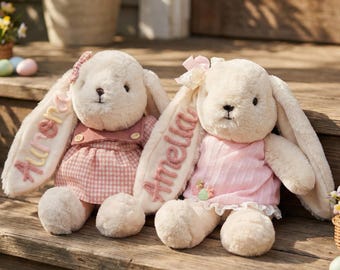 Conejito de peluche de primavera, juguete personalizado, regalo de Pascua bohemio para bebé, conejo con letras de hilo 3D, peluche personalizado para guardería.