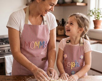 Custom Baking Apron Mom and Daughter | Personalized Mommy and Me Set | 3D Yarn Name Kitchen Apron Mother Day Gift