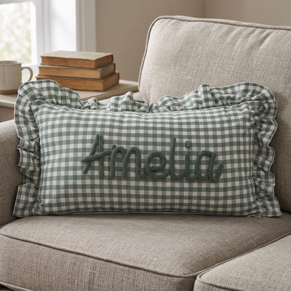 Personalized Gingham Pillow Cover, Custom Raised Yarn Name, Ruffle Nursery Decor, Baby Shower Gift