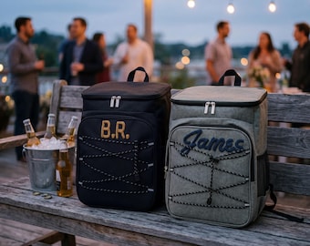 Aangepaste bierkoelerrugzak, gepersonaliseerd cadeau BBQ-gastheer, housewarmingcadeau voor mannen, zomerfeest achterkleptas, 3D-monogram geïsoleerd
