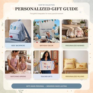 Pu&ograve; includere: Una guida ai regali personalizzati con sei categorie: uno zaino in velluto a coste blu, decorazioni per compleanni, due coniglietti di peluche con nomi ricamati, grembiuli abbinati, un cartello per insegnanti e due cuscini a quadretti gialli.