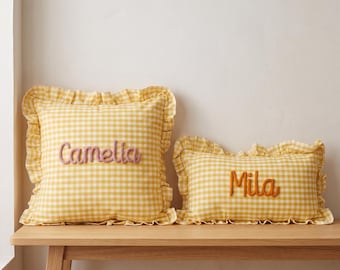 Juego de fundas de almohada personalizadas con nombres a juego, decoración infantil personalizada con estampado de cuadros amarillos