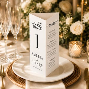 Editable Wedding Trifold Table Number | Minimalist Wedding Menu | Thank You Card | Triangle Table Stand | Canva Template