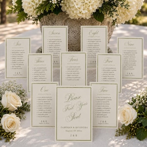 Vorlage für einen Sitzplan zur Hochzeit, Sitzplankarten, bearbeitbarer Tischplan (Canva), Hochzeitsschild in Salbeigrün, elegante Kalligrafie-Dekoration