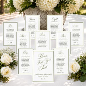 Vorlage für einen Sitzplan zur Hochzeit, Sitzplankarten, bearbeitbarer Tischplan (Canva), Hochzeitsschild in Salbeigrün, elegante Kalligrafie-Dekoration