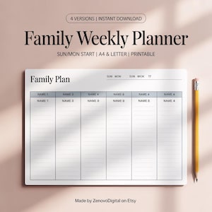 Op de afbeelding: Een witte Family Weekly Planner met de tekst "Family Weekly Planner" en "Family Plan". De planner bevat secties voor elke dag van de week. Een gele potlood ligt aan de rechterkant van de planner. De tekst "4 VERSIONS | INSTANT DOWNLOAD" staat bovenaan.
