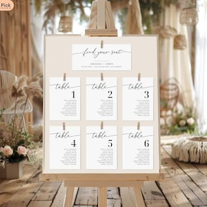 May include: A wedding seating chart on a wooden easel. The chart features six table assignments, each with a list of names, and a header that reads "find your seat". The design is minimalist with black text on white cards.