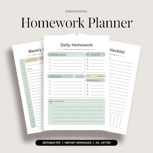 May include: A set of three printable homework planner sheets. The central sheet is labeled "Daily Homework" with sections for tasks and notes. The other sheets are labeled "Weekly" and "Hecklist". The sheets are white with green and black text.