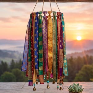 May include: A circular hanging mobile featuring multiple vertical strips of colorful patterned fabric in shades of blue, green, red, yellow, and purple. The fabric strips are attached to a round frame and accented with small metal bells and beads.