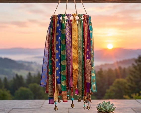Handmade Recycled Sari Fabric Wind chimes | Assorted Color Boho Bunting |Upcycled Indian Silk Tinsel | Eco-Friendly Decor for Garden & Party