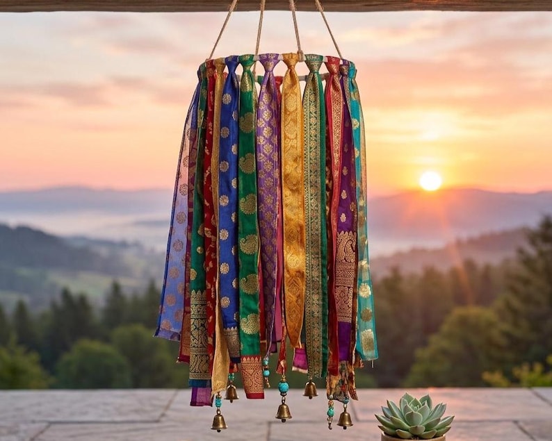 May include: A circular hanging mobile featuring multiple vertical strips of colorful patterned fabric in shades of blue, green, red, yellow, and purple. The fabric strips are attached to a round frame and accented with small metal bells and beads.
