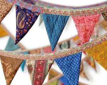 150 pulgadas - Guirnalda de saris reciclados - Banderas coloridas - Guirnalda de jardín hecha a mano - Pancarta de boda - Guirnaldas de saris - Decoración del hogar - 20 triángulos