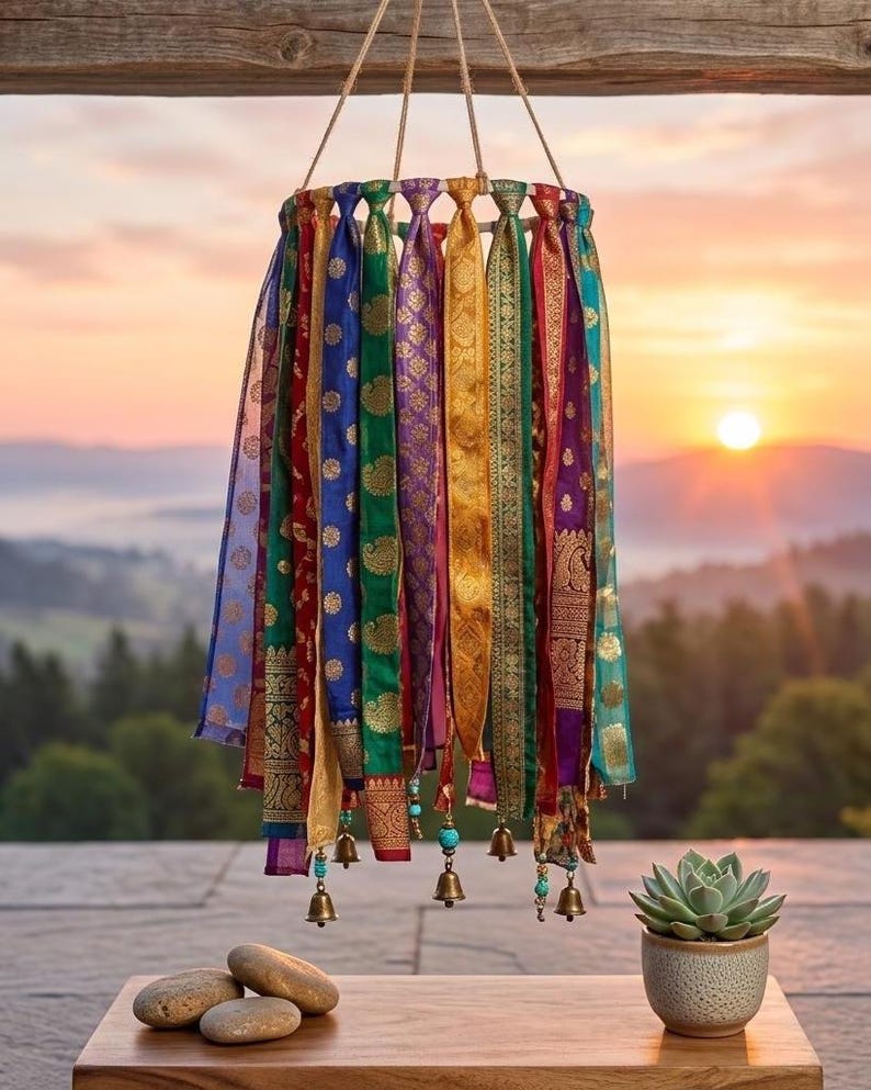 May include: A hanging mobile featuring a circular frame adorned with numerous vertical strips of colorful patterned fabric in shades of blue, green, gold, purple, and red, accented with small metallic bells and turquoise beads at the bottom ends.