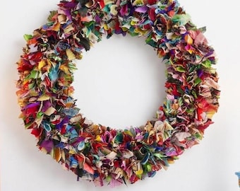 Corona colorida de sari reciclado / Corona bohemia de tela para puerta principal / Decoración de pared bohemia reciclada / Colgante de puerta festivo multicolor