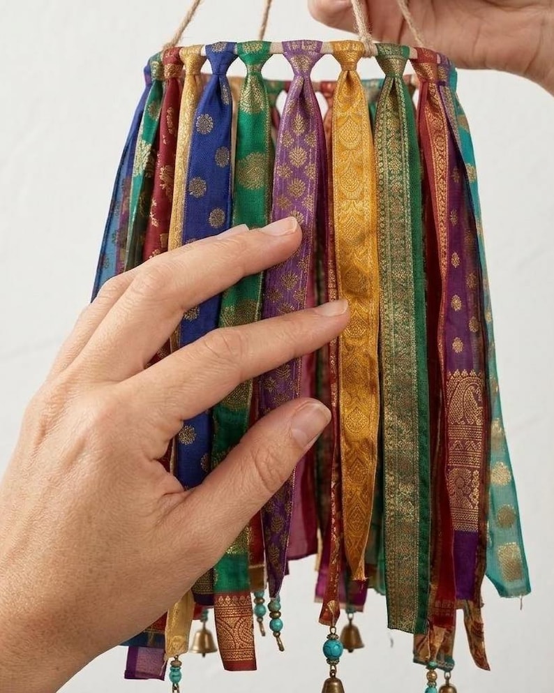 May include: A hanging mobile featuring vertical strips of colorful patterned fabric in shades of blue, green, purple, and gold. The fabric strips are attached to a circular frame and decorated with small metal bells and turquoise beads.