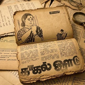 May include: A vintage book, open to reveal a black and white illustration of a woman in traditional attire. The book is surrounded by other aged papers, with text in a foreign language. A magnifying glass and spectacles are also present.