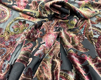 Rayon Burnout Velvet Fabric by the Yard, Bernard Paisley Velvet, Luxury Upholstery & Fashion Fabric, Floral Scroll Velvet