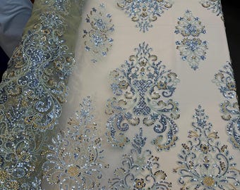 Tela de encaje con lentejuelas azul y plateada cortada a medida, tul bordado para vestido de noche de novia.