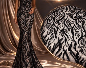 Black Beaded Lace Fabric with Sequins & Crystals | Luxury Embroidered Mesh Lace | Couture Evening Fabric by the Yard