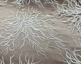 White Embroidered Lace Fabric by the Yard, Abstract Branch Lace on Mesh, Bridal Lace Fabric, Luxury Wedding Dress Lace Couture Lace Material