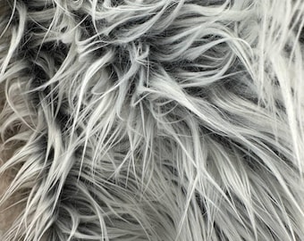 Silver Ombre Shag Faux Fur Fabric 60" Wide, Plush Long Pile