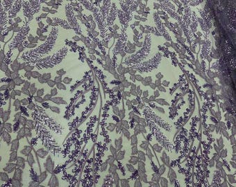 Luxury Purple Beaded Floral Lace Fabric on Mesh, Sequin Embroidered Evening Gown Lace, Bridal & Prom Dress Fabric by the Yard