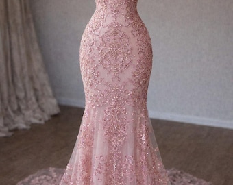 Tela de encaje de tul rosa con lentejuelas bordadas, cortada a medida para vestidos de noche de novia.