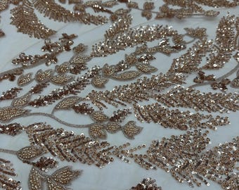 Luxury Champagne Rose Gold Beaded Lace Fabric, Sequin Floral Embroidered Mesh, Bridal Evening Gown Lace, Couture Dress Fabric by the Yard