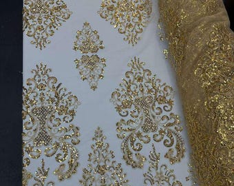 Tela de tul bordada con lentejuelas doradas y encaje floral barroco para vestidos