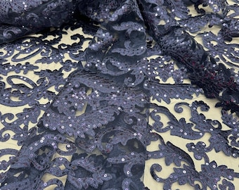 Navy Blue Sequin Lace Fabric – Luxury Embroidered Mesh Lace by the Yard – Elegant Evening Gown Fabric – Formal & Bridal Overlay