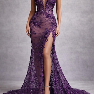 open lace back dress Zapaka Women Dark Fuchsia Plus Size Prom Dress A Line Deep V Neck Formal Dress with Long Sleeves, Dark Fuchsia / US26W main image 0