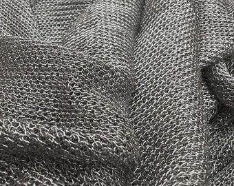 Tela elástica de malla plateada metalizada, transparente, bidireccional, 152 cm de ancho, ideal para disfraces y danza.