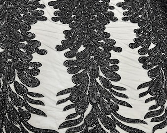 Black Beaded Lace Fabric, Sequin Embroidery Couture Bridal Gown