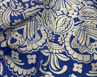 Tela de algodón y lino con estampado floral azul y blanco cortada a medida, mezcla para vestido de verano con estampado vintage