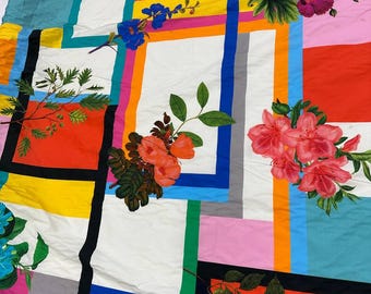 Floral Stripe Cotton Fabric, Multicolor Patchwork Style Lightweight Woven Fabric