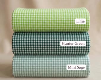 Poly Cotton Gingham Fabric  1/8 Inch Small Check, 60" Wide, Lime, Hunter, Mint Sage