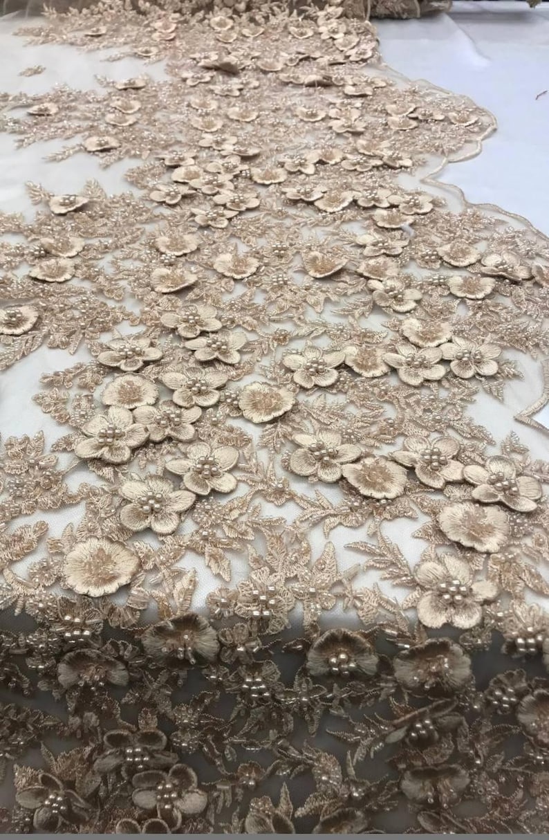 Champagne 3D Floral Beaded Lace Fabric by Yard | Pearl Sequin ...