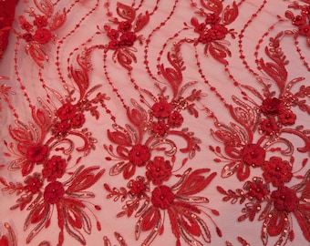 Red 3D Floral Lace Fabric by Yard | Beaded Sequin Couture Embroidered Tulle | Luxury Evening Gown Bridal Prom Dress Sewing Material 54"